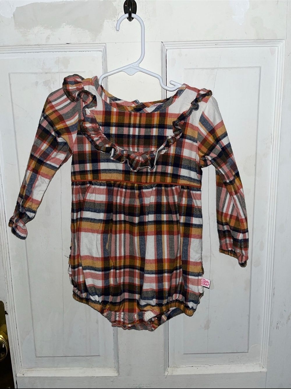 Ruffle Butts Plaid Ruffle-Trim Long Sleeve Romper - White, Mustard, Navy, Rust
